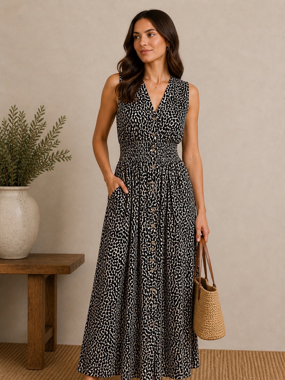 Nine West Leopard Print Maxi Dress in Black and Cream
